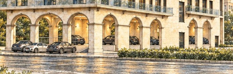 Stone arcade and covered arrival at street level
