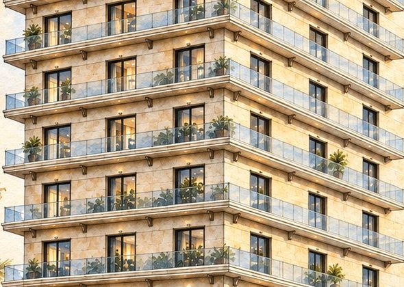 Glass balconies with planters stepping up a pale stone façade