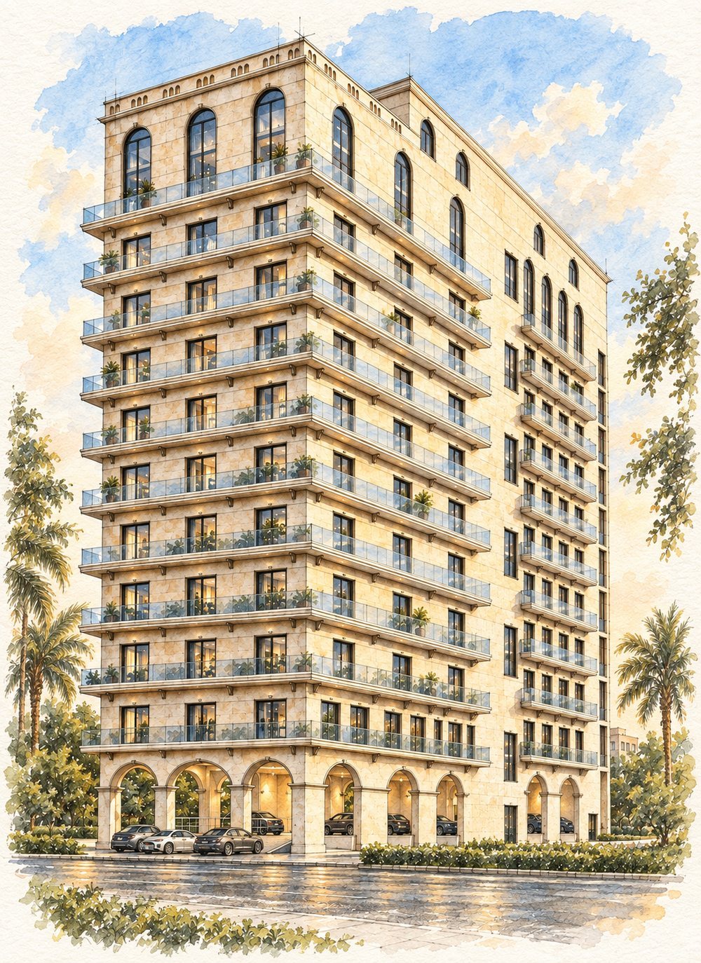 Watercolour illustration of the ✕TEN tower by TEN Developments: a pale stone façade with glass balconies, arched windows at the crown and an arcade at street level